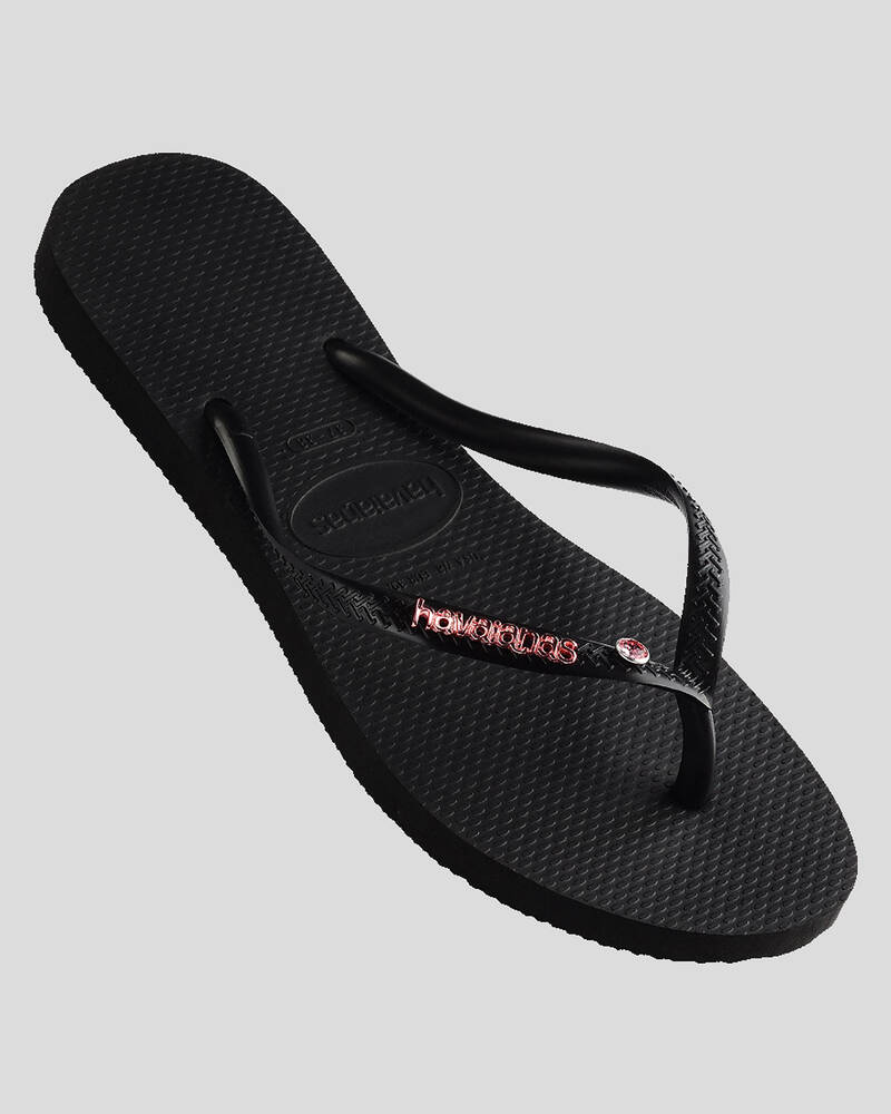 Shop Havaianas Slim Metal Logo Crystal Thongs In Black/pink Fast