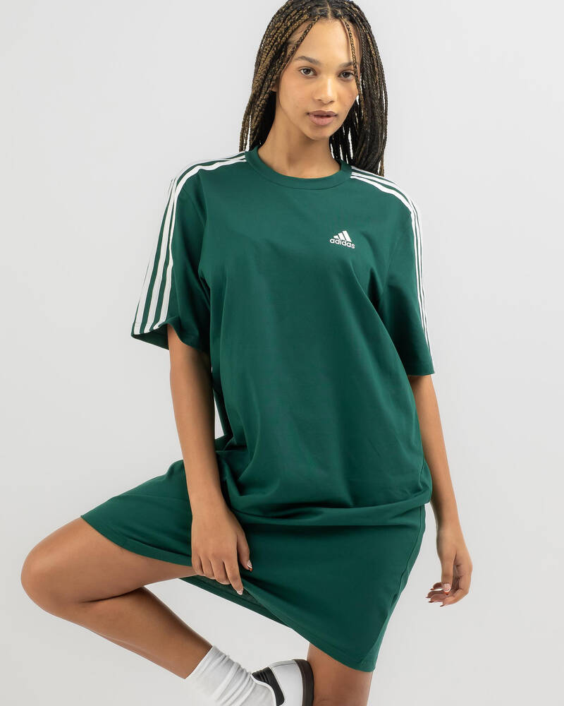Adidas Women's Essential 3-Stripes Boyfriend T-Shirt Dress - Collegiate Green/White - Size Xs