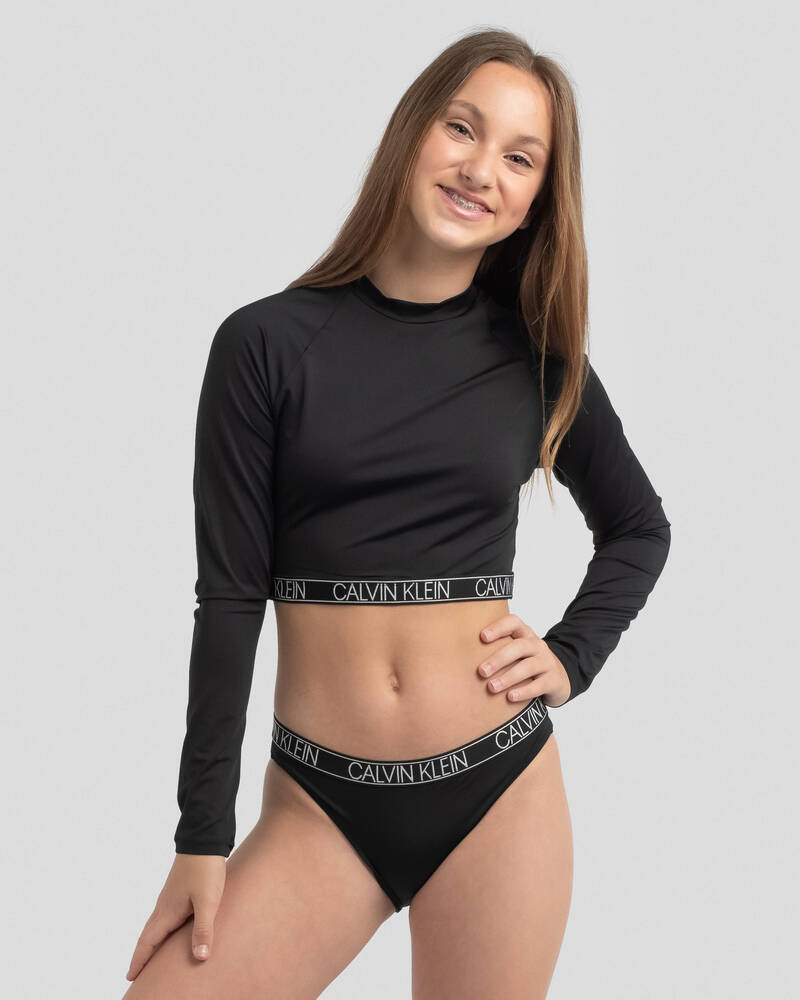 Calvin Klein Girls' Core Logo Long Sleeve Rash Vest Set for Womens