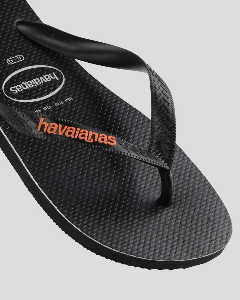 Shop Havaianas Top Print Splice Thongs In Black/black/begonia Orange