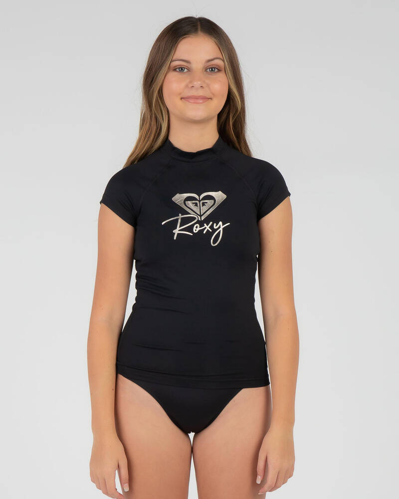 Shop Roxy Girls' Cap Sleeve Rash Vest In Anthracite Rose Gold