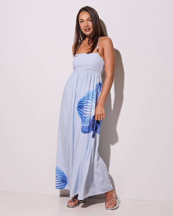 fitted lace wedding dress Reese Blue Satin Maxi Dress