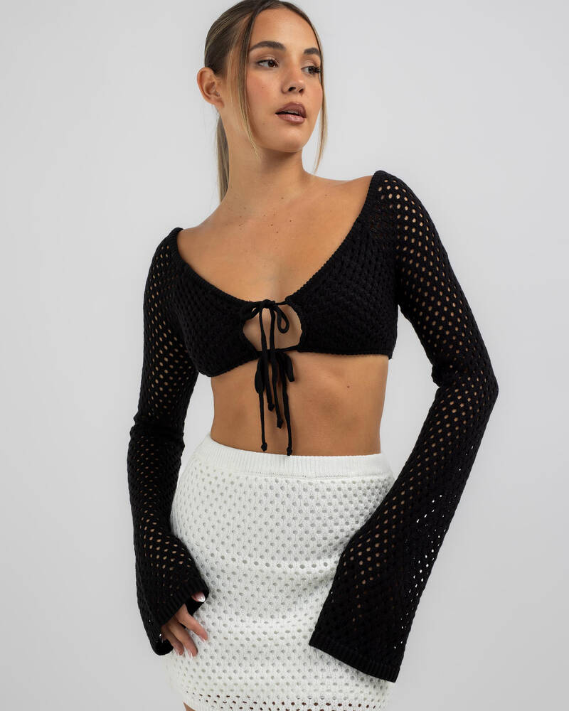 Black Crochet Long Sleeve Crop Top