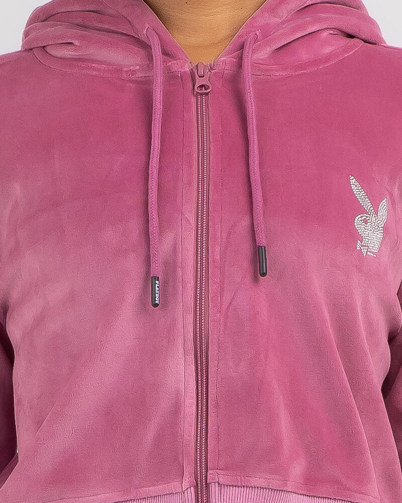 Playboy Bunny O Velour Cropped Hoodie for Womens