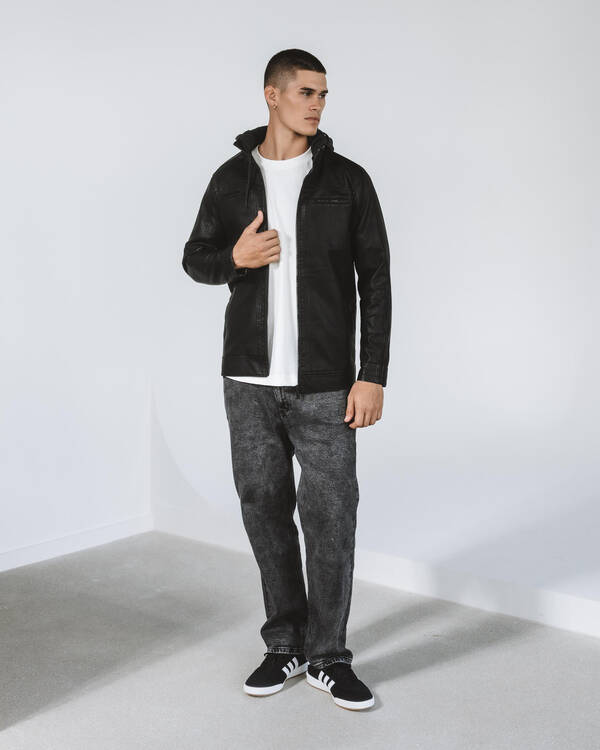 Dexter Scatter Hooded Faux Leather Jacket for Mens