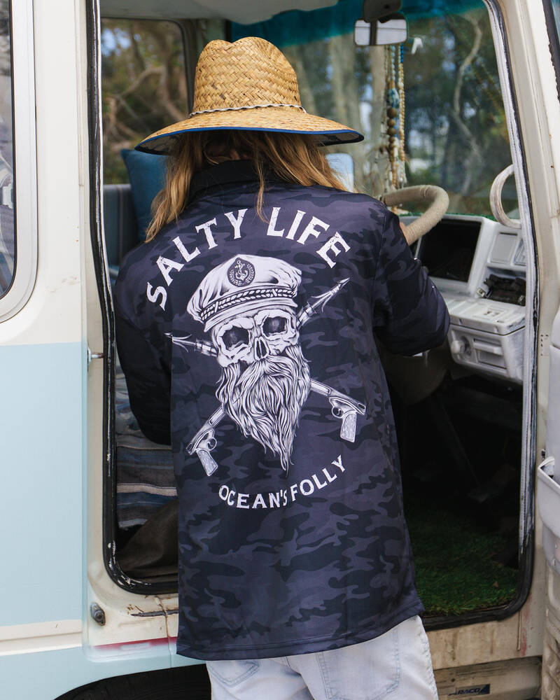 Salty Life Black Beard Long Sleeve Fishing Shirt In Black Camo