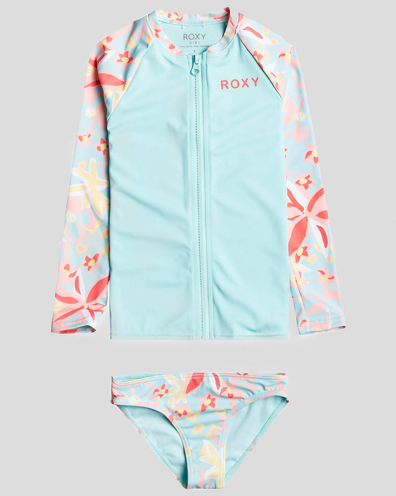 Shop Roxy Toddlers' Holiday Flower Long Sleeve Rash Vest Set In Tanager