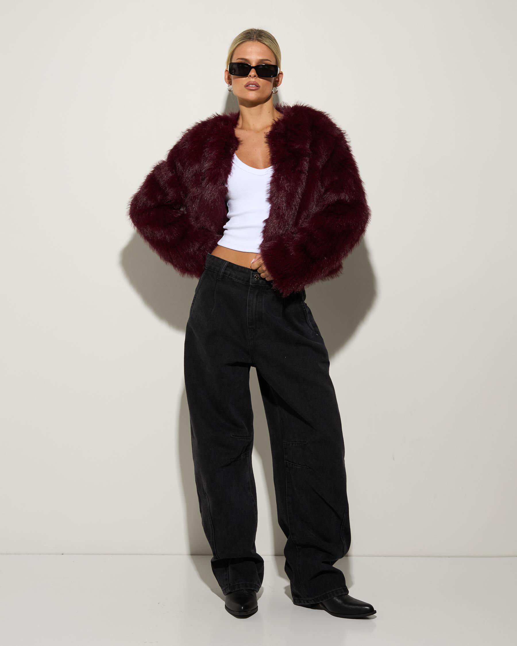 Ava And Ever Harlow Faux Fur Jacket In Burgandy - FREE* Shipping