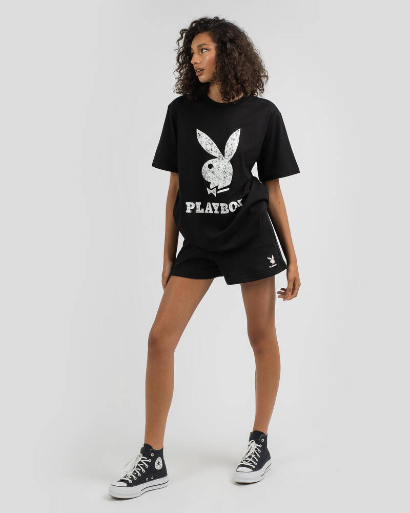Shop Playboy Bunny Text Track Shorts In Black Fast Shipping & Easy