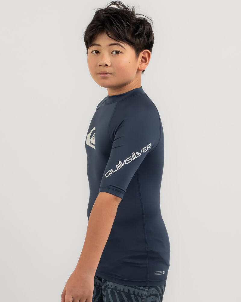 Shop Quiksilver Boys' All Time Short Sleeve Rash Vest In Insignia Blue ...
