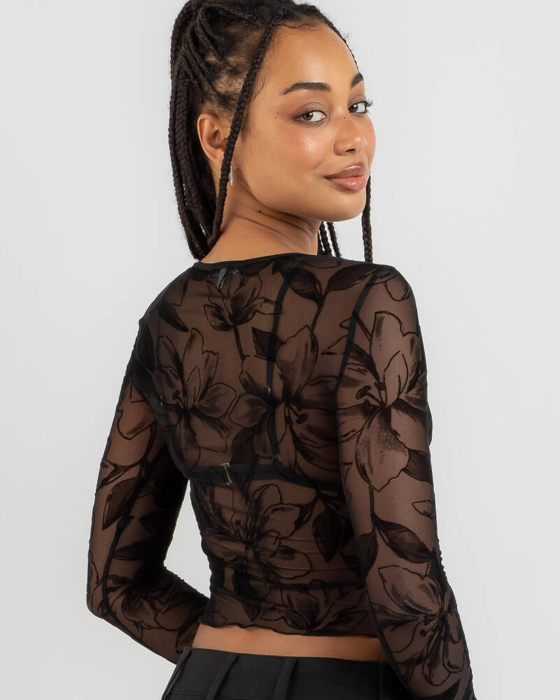 Mint Vanilla Lily Long Sleeve Mesh Top for Womens