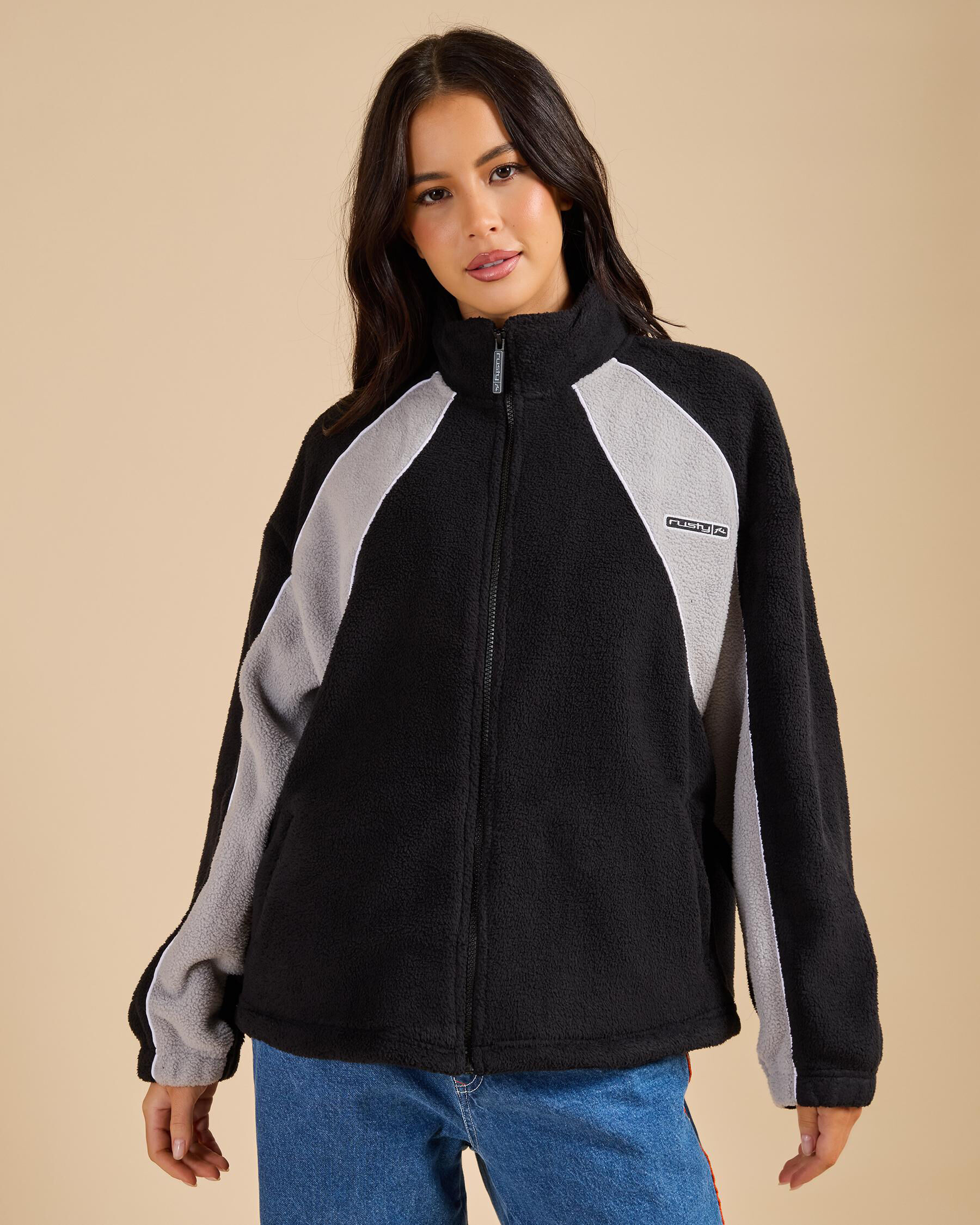 Rusty Two Tides Zip Through Sherpa Fleece Jacket In Black - FREE