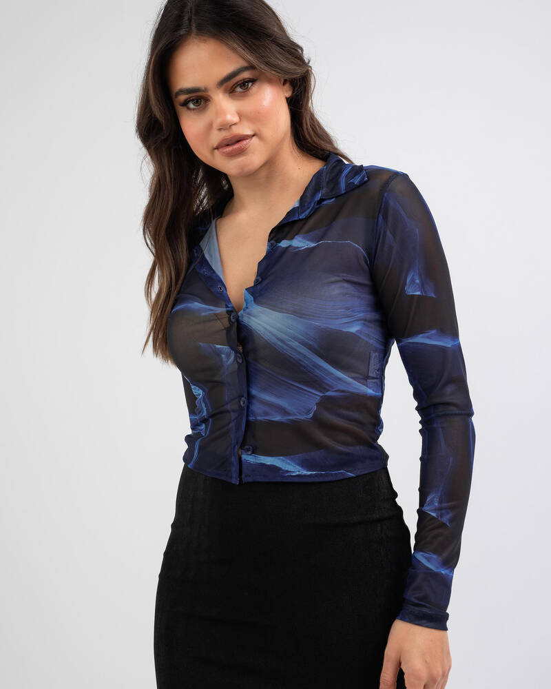 Shop Ava And Ever Bella Mesh Shirt In Blue Print - Fast Shipping & Easy ...