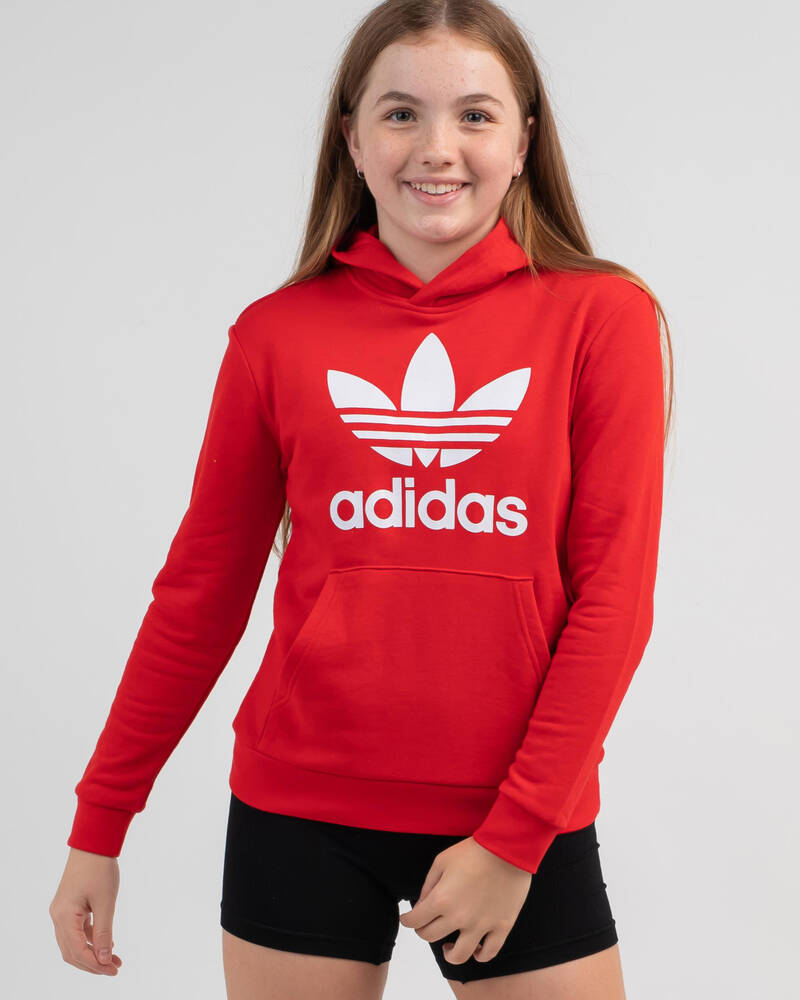 Shop adidas Girls' Trefoil Hoodie In Vivid Red/white Fast Shipping & Easy Returns City Beach