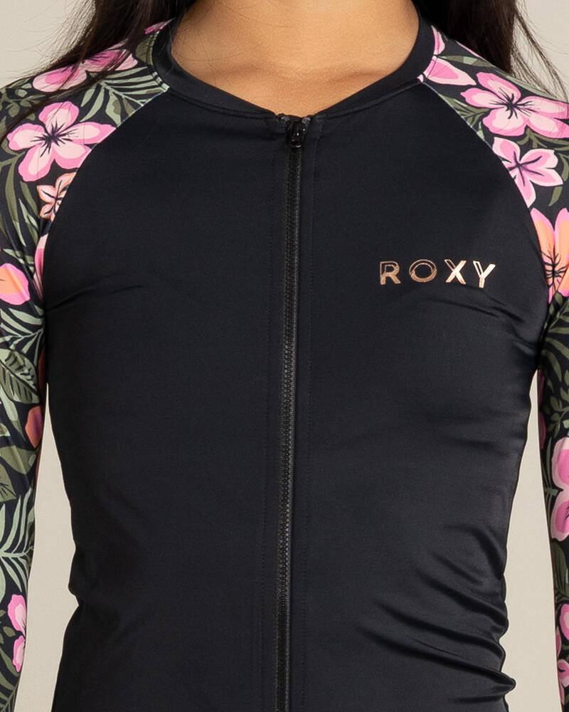 Roxy Girls' Active Floral Long Sleeve Zip Rash Vest Set for Womens