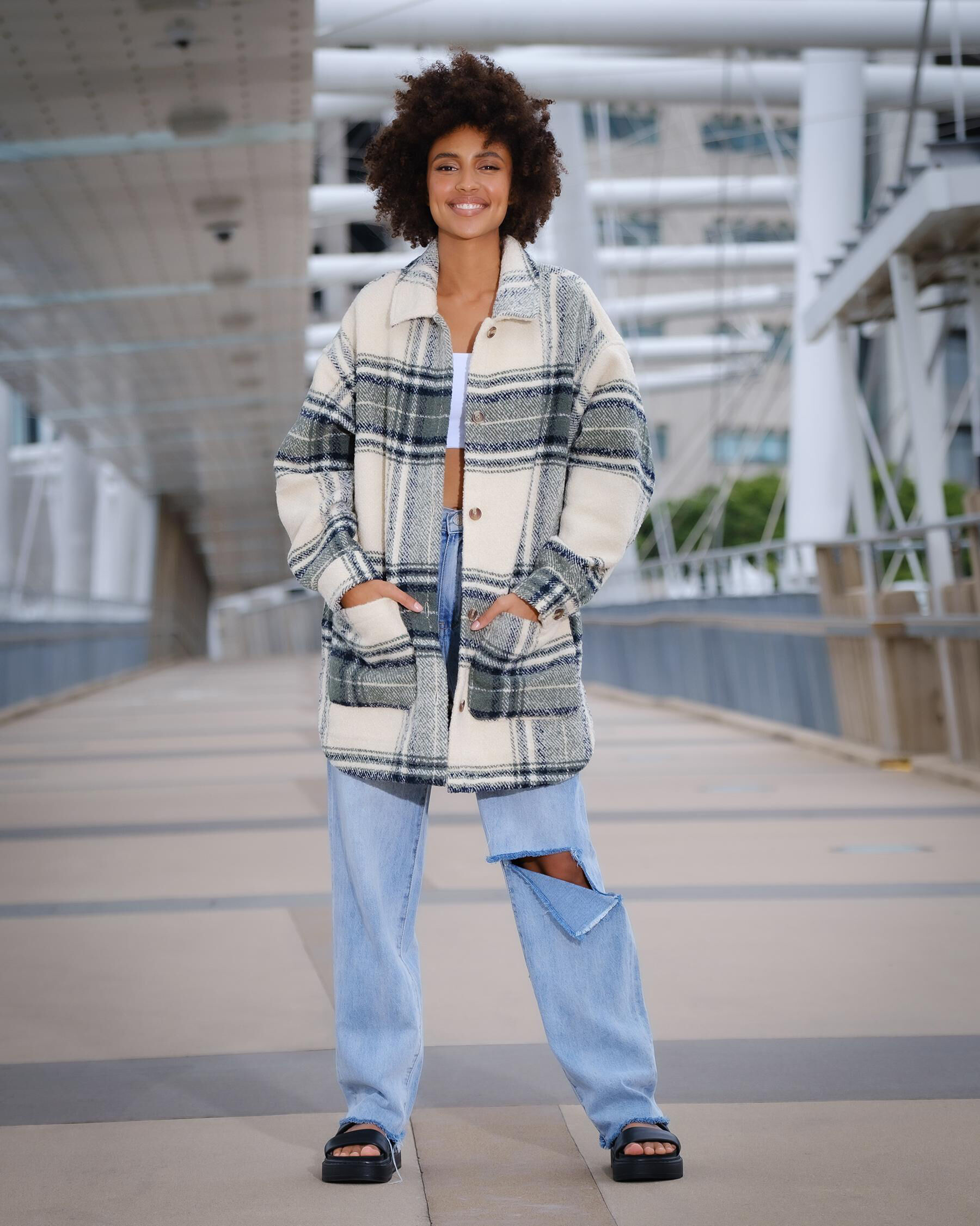 Roxy Check It Out Jacket In Tapioca Olan Plaid - FREE* Shipping