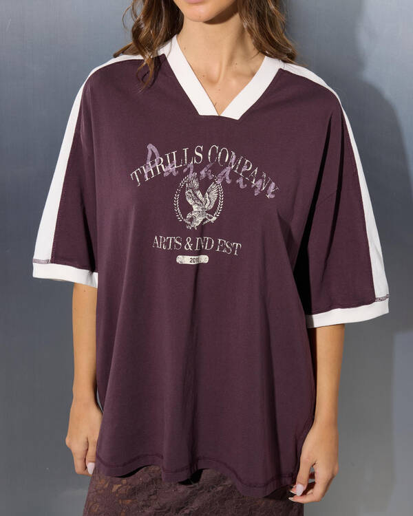 Thrills Heritage Track V Neck Oversized T-Shirt for Womens