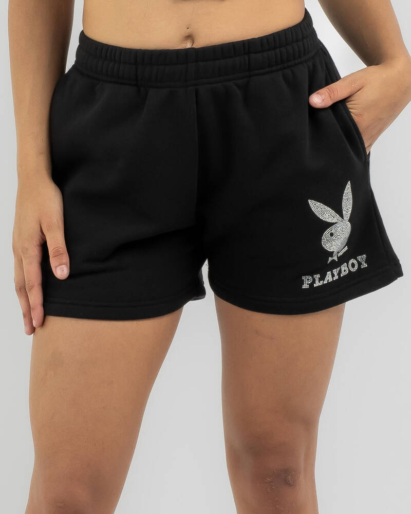 Playboy Bunny Diamante Track Shorts for Womens