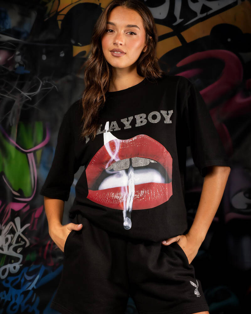 Playboy Diamante` Lips T-Shirt for Womens