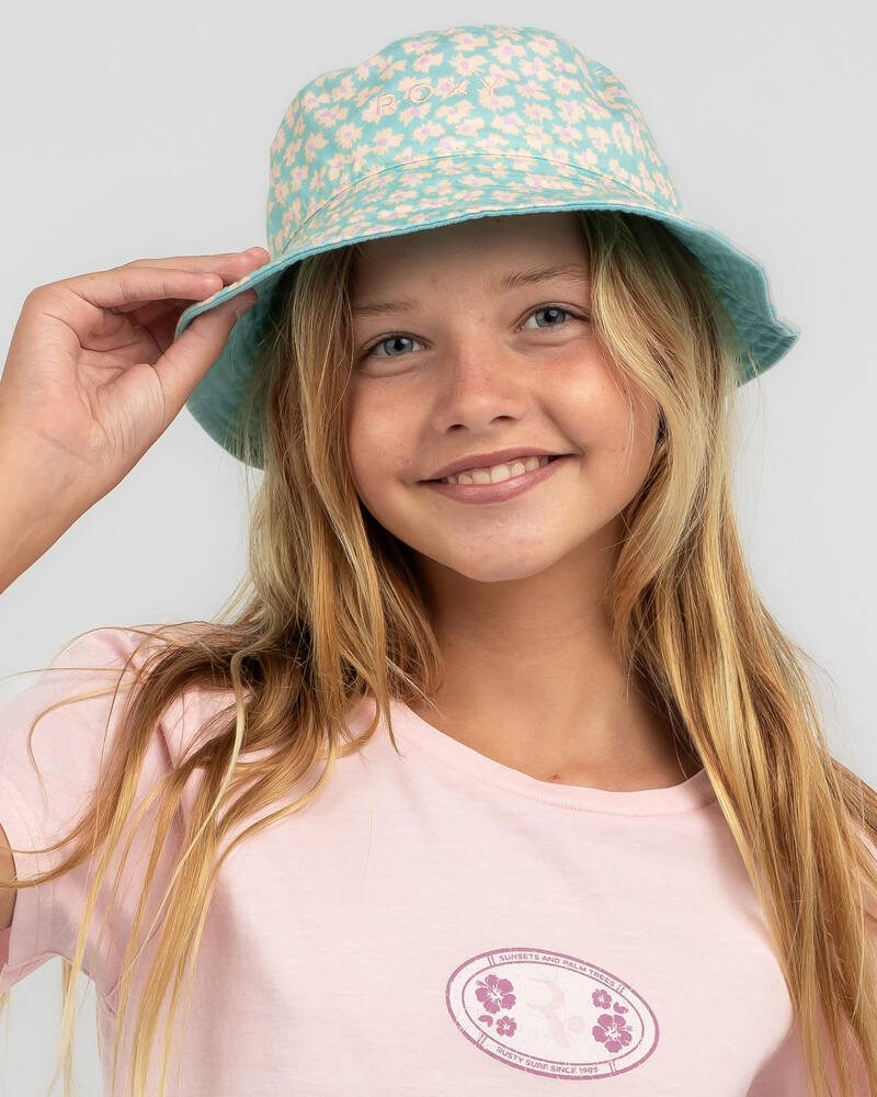 Shop Roxy Girls' Tiny Honey Bucket Hat In Aruba Blue Flower Bed Fast Shipping & Easy Returns