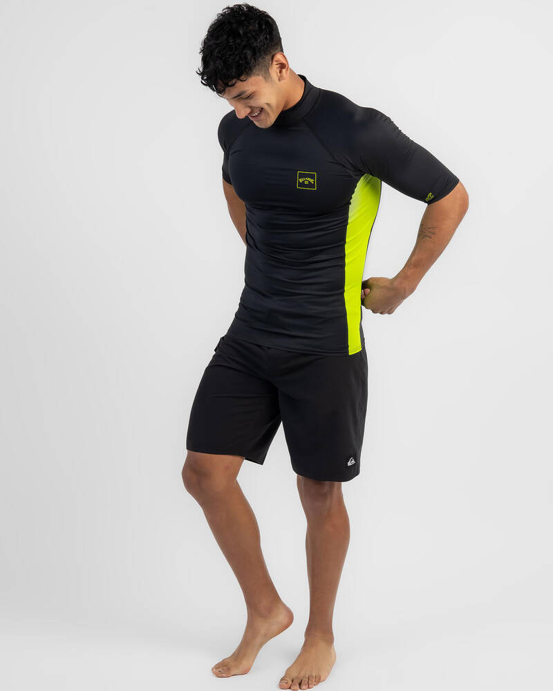 Shop Billabong Airlite Stacked Rash Vest In Black/neon Yellow Fast