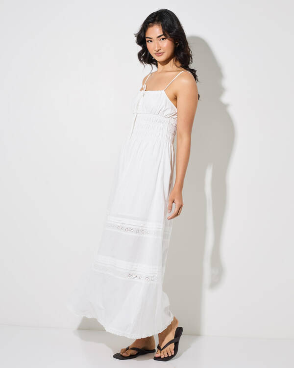 Rhythm Broderie Lace Gathered Midi Dress for Womens