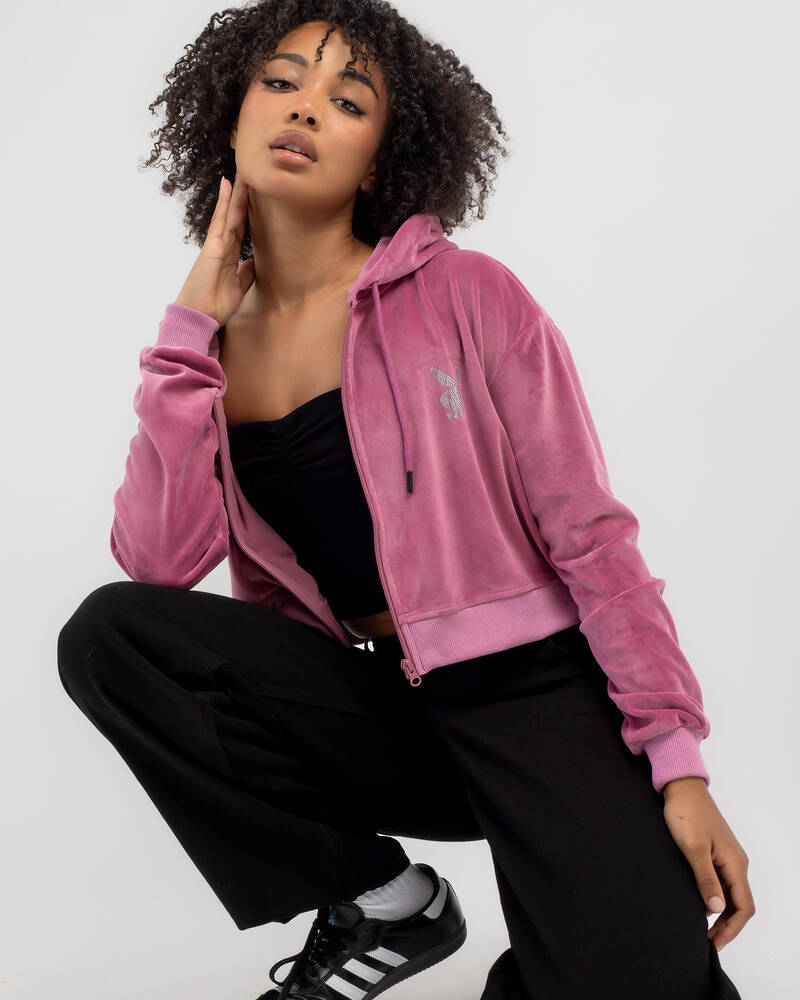 Playboy Bunny O Velour Cropped Hoodie for Womens