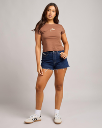 Rusty Penny Kick Flare Denim Shorts for Womens image number null