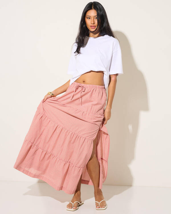 Rhythm Lola Check Tiered Maxi Skirt for Womens