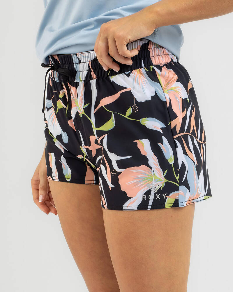 Shop Roxy All Over Board Shorts In Anthracite Hibiscus Wave Swim Fast
