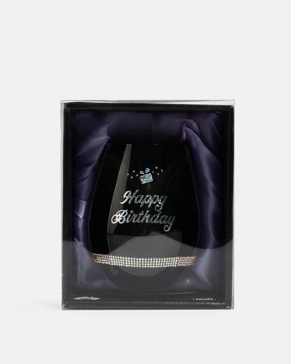 Happy Birthday Black Luxe Stemless Wine Glass