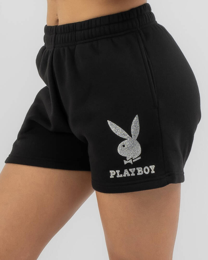 Playboy Bunny Diamante Track Shorts for Womens