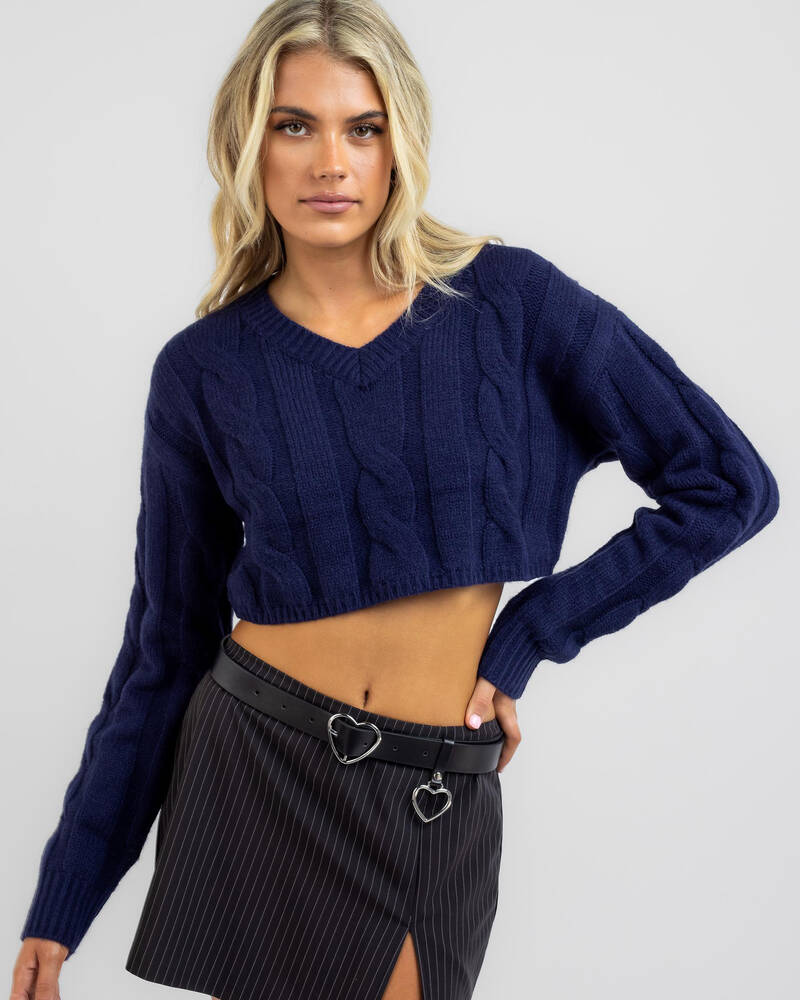 Brave Soul tally cropped cable knit sweater in navy