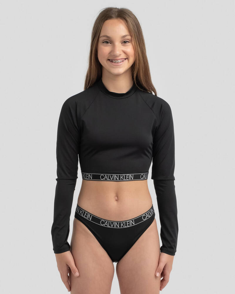 Calvin Klein Girls' Core Logo Long Sleeve Rash Vest Set for Womens