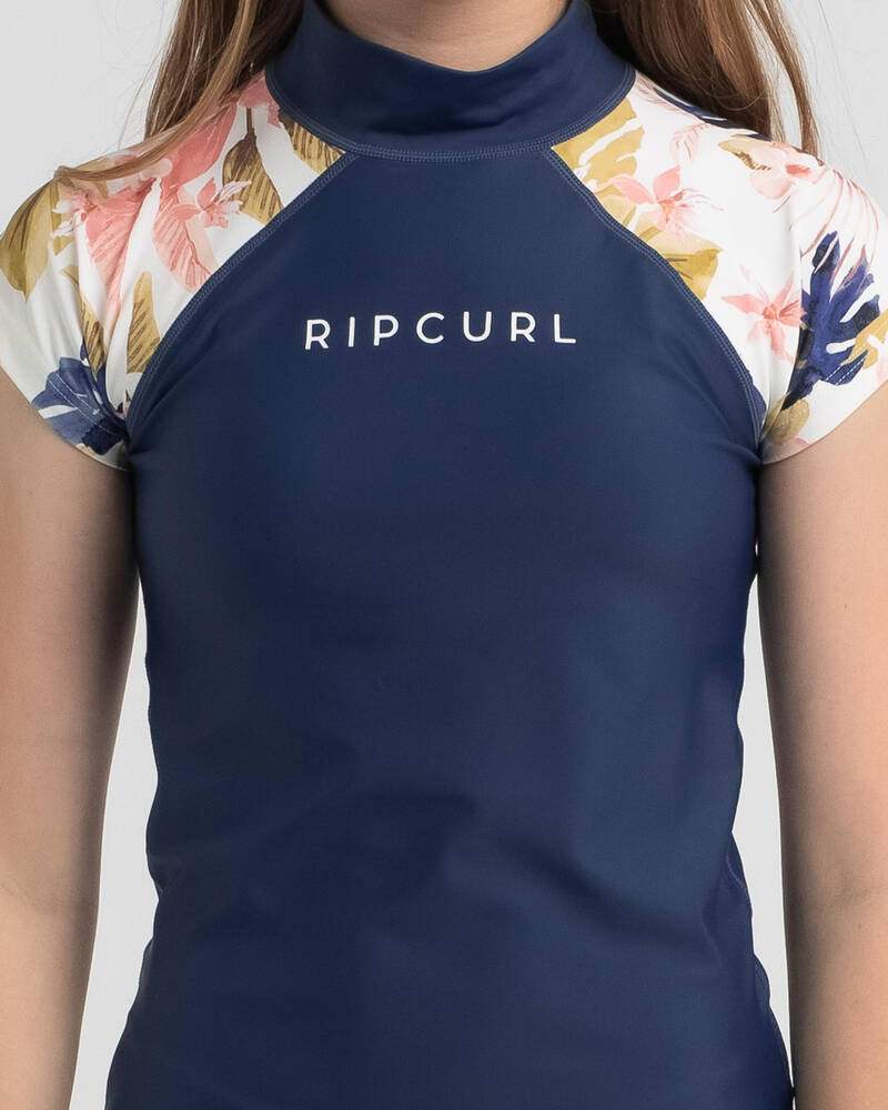 Rip Curl Girls Sunset Waves Short Sleeve Rash Vest In Blue Fast Shipping And Easy Returns
