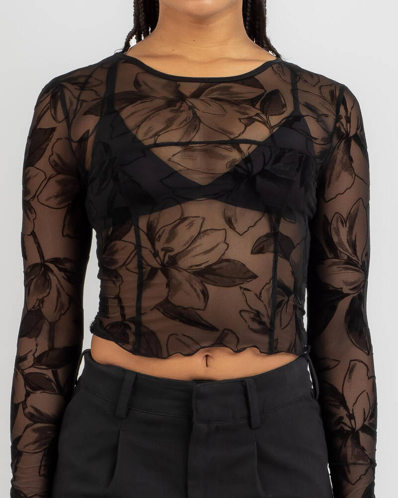 Mint Vanilla Lily Long Sleeve Mesh Top for Womens