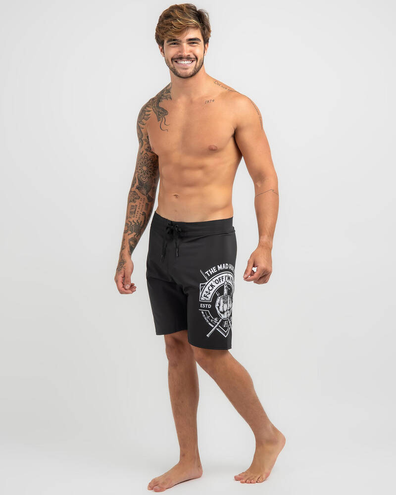 The Mad Hueys Fk Off I'm Fishing Board Shorts In Black - FREE