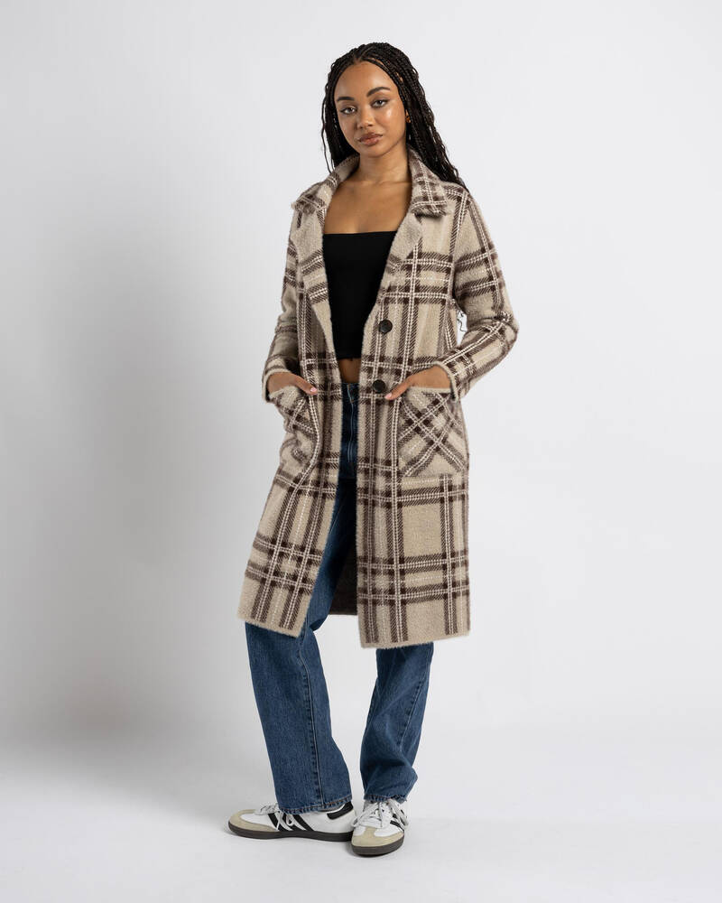 Shop Ava And Ever Central Park Knit Coatigan In Beige/brown Check