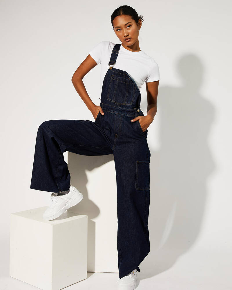 Shop DESU Elyse Denim Long Overalls In Indigo Fast Shipping & Easy