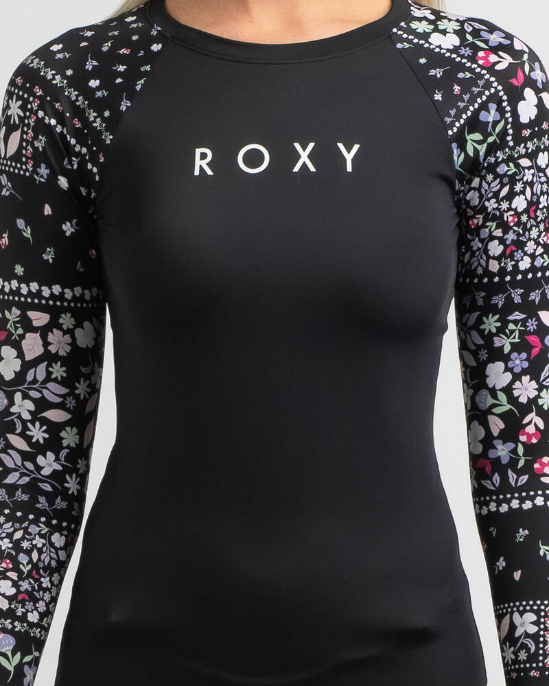 Shop Roxy Roxy Fitness Long Sleeve Rash Vest In Anthracite Flower Line