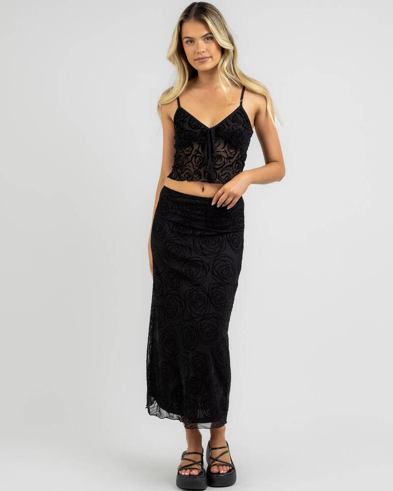 Into Fashions Black Roses Mesh Cami Top for Womens