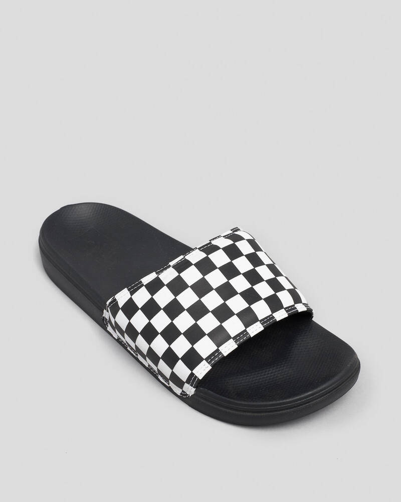 Shop Vans La Costa SlideOn Slides In (Checkerboard) True White/black