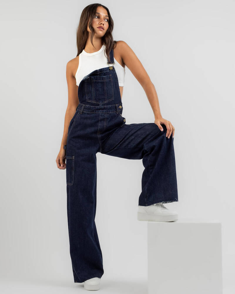 Shop DESU Elyse Denim Long Overalls In Indigo Fast Shipping & Easy