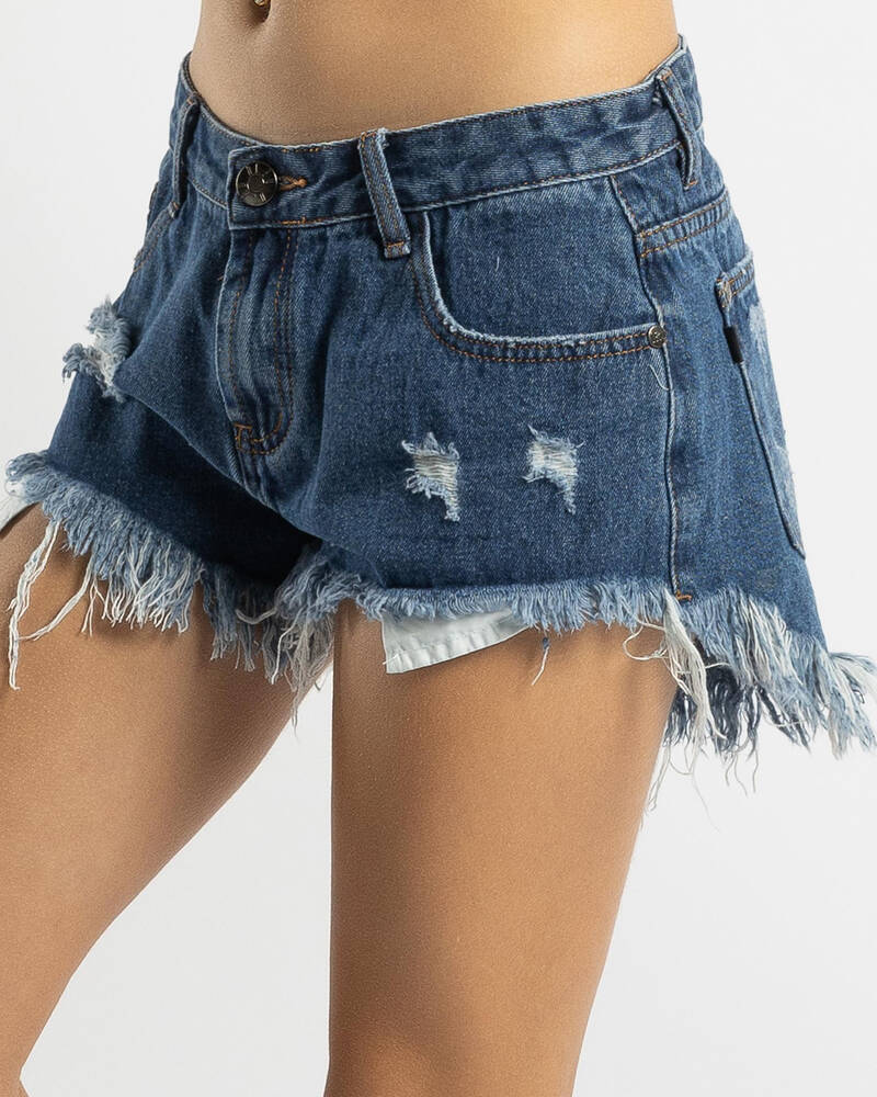 DESU Girls' Cyrus Micro Denim Shorts In Distressed Dark Blue FREE