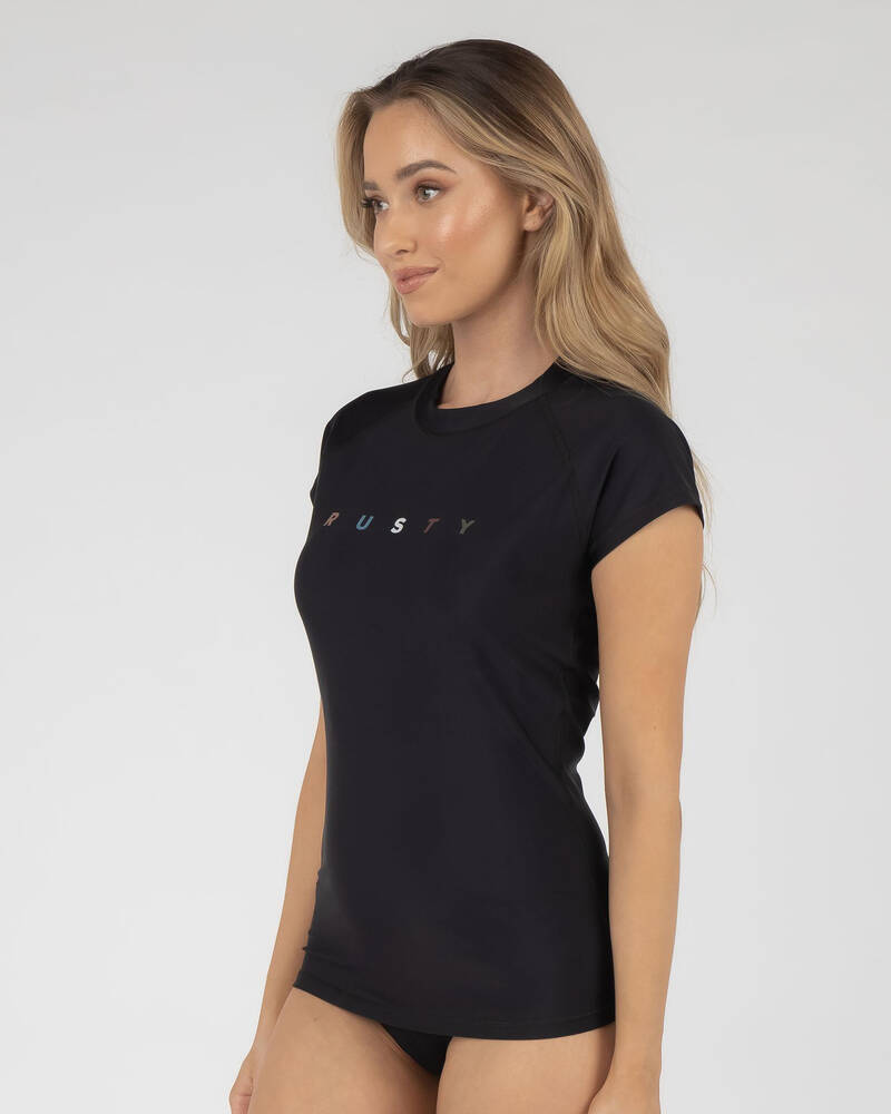 Shop Rusty Crest Short Sleeve Rash Vest In Black - Fast Shipping & Easy ...