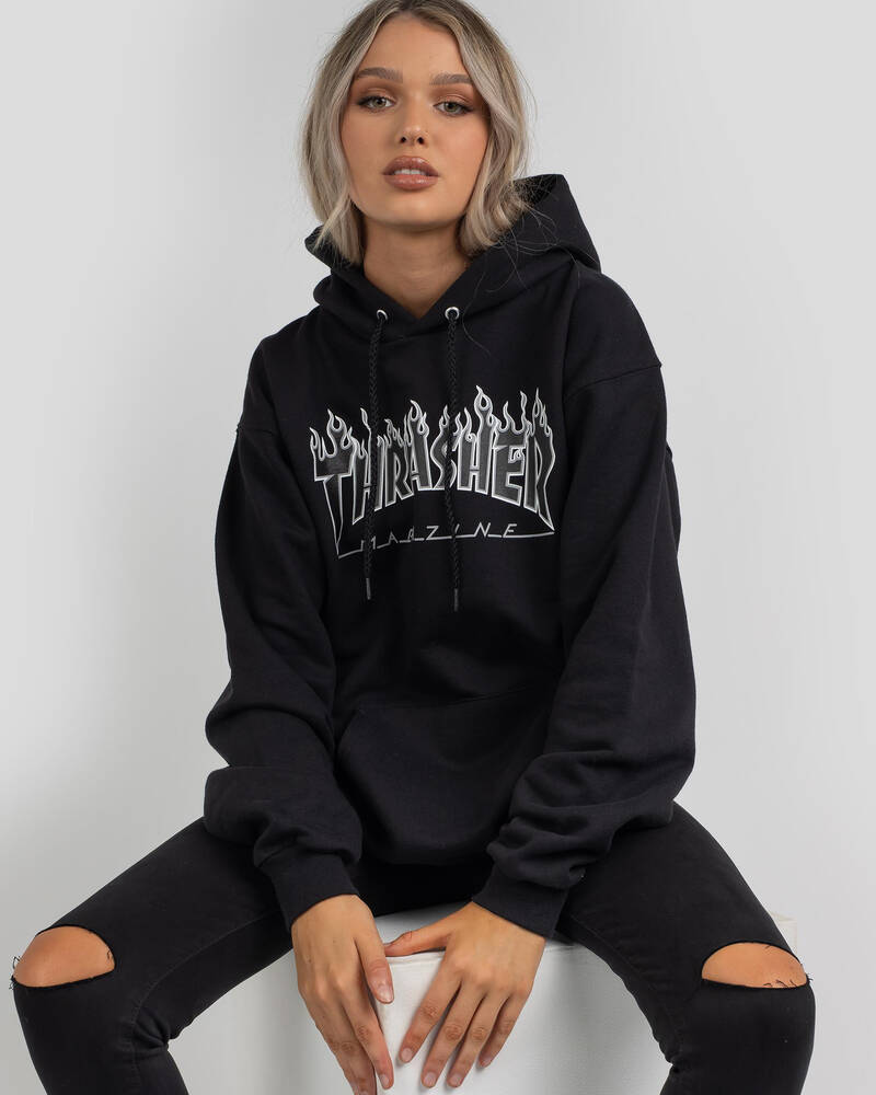 Shop Thrasher Flame Hoodie In Black/black - Fast Shipping & Easy ...