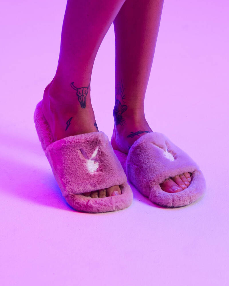 Playboy Fuzzy Bunny Slide Sandals for Womens