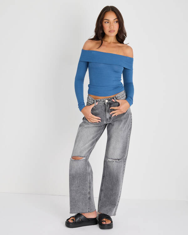 Basic Fine Rib Long Sleeve Off Shoulder Top