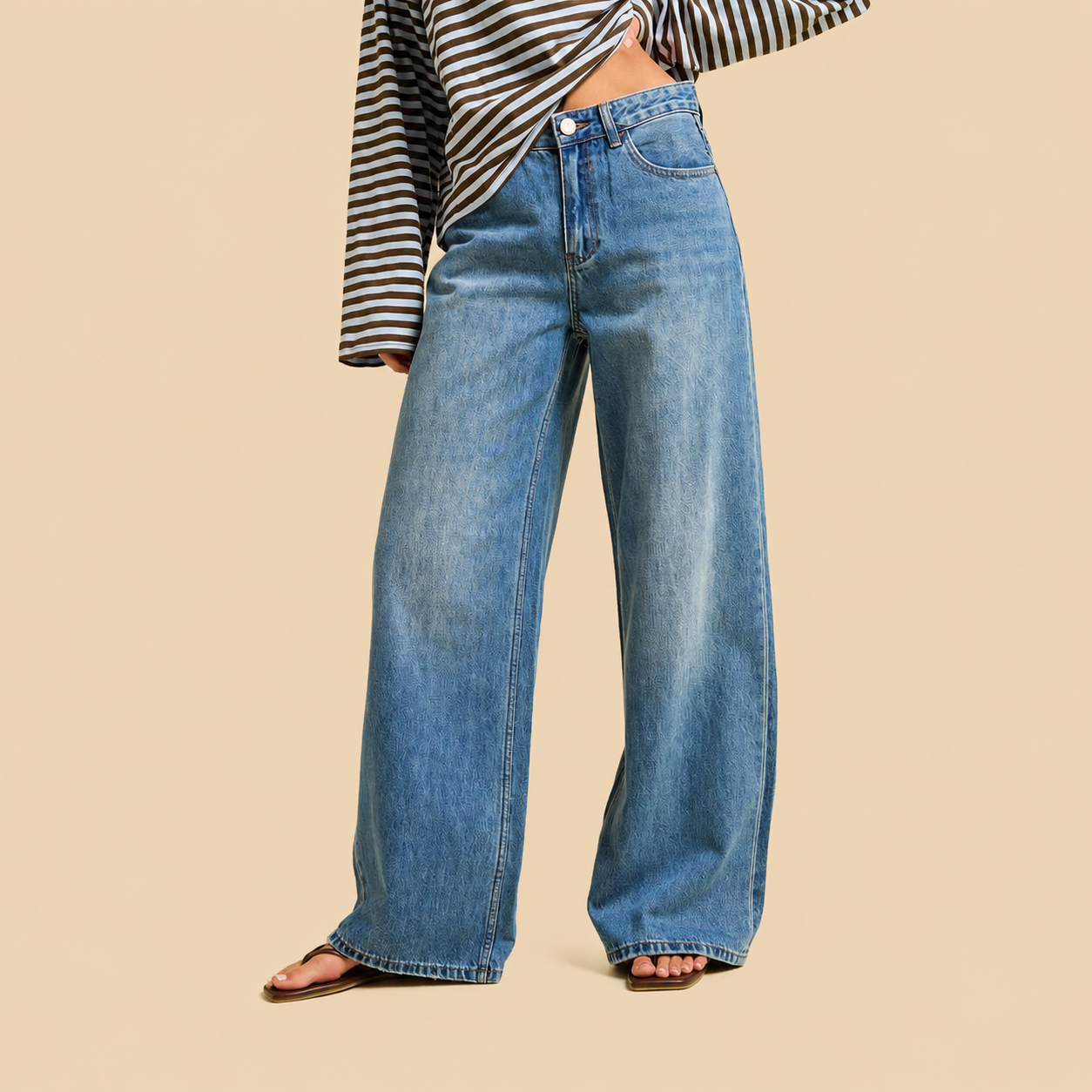 Model wearing wide leg jeans