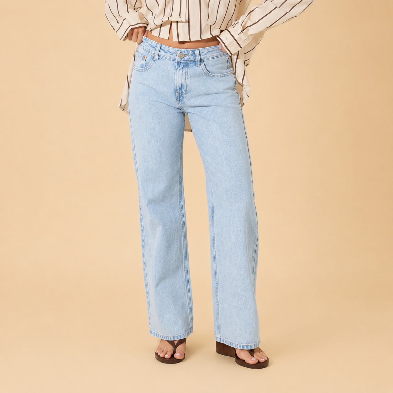 Model wearing straight leg jeans